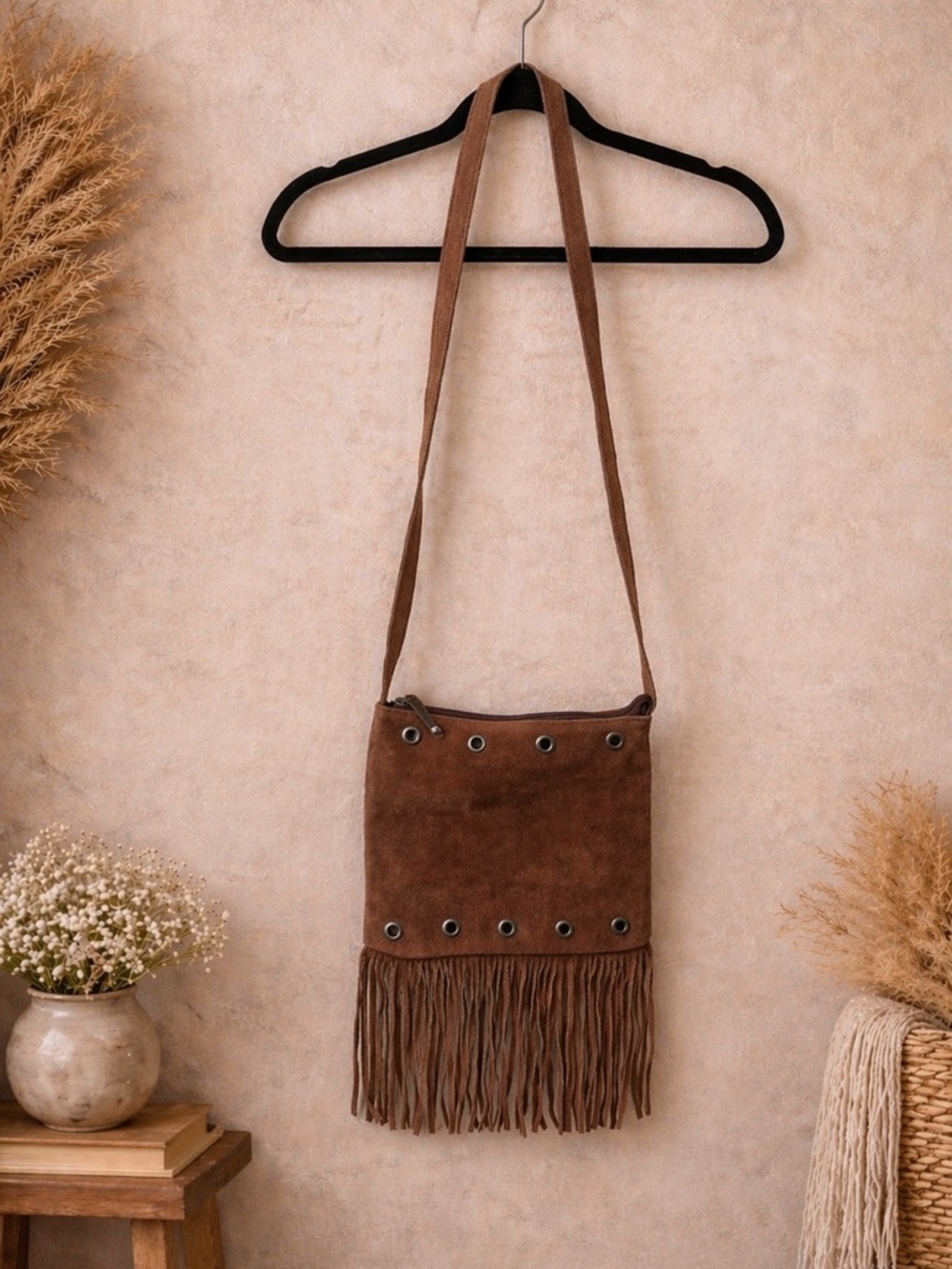 Vintage 90s Brown Suede Fringe Crossbody Bag Boho Western Super Clean Interior